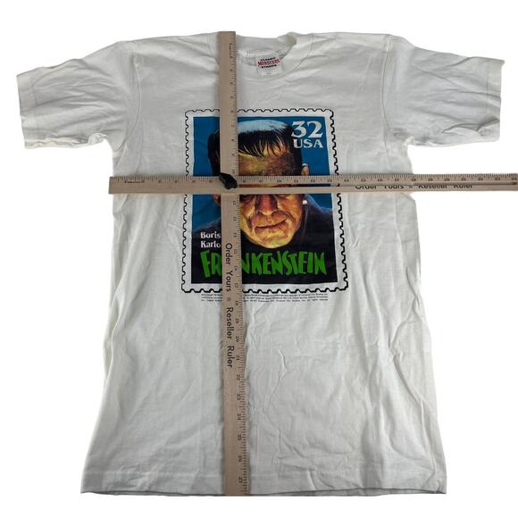 Vintage 90s Boris Karloff Frankenstein USA Monster Stamp T Shirt L/XL Youth - Picture 6 of 7